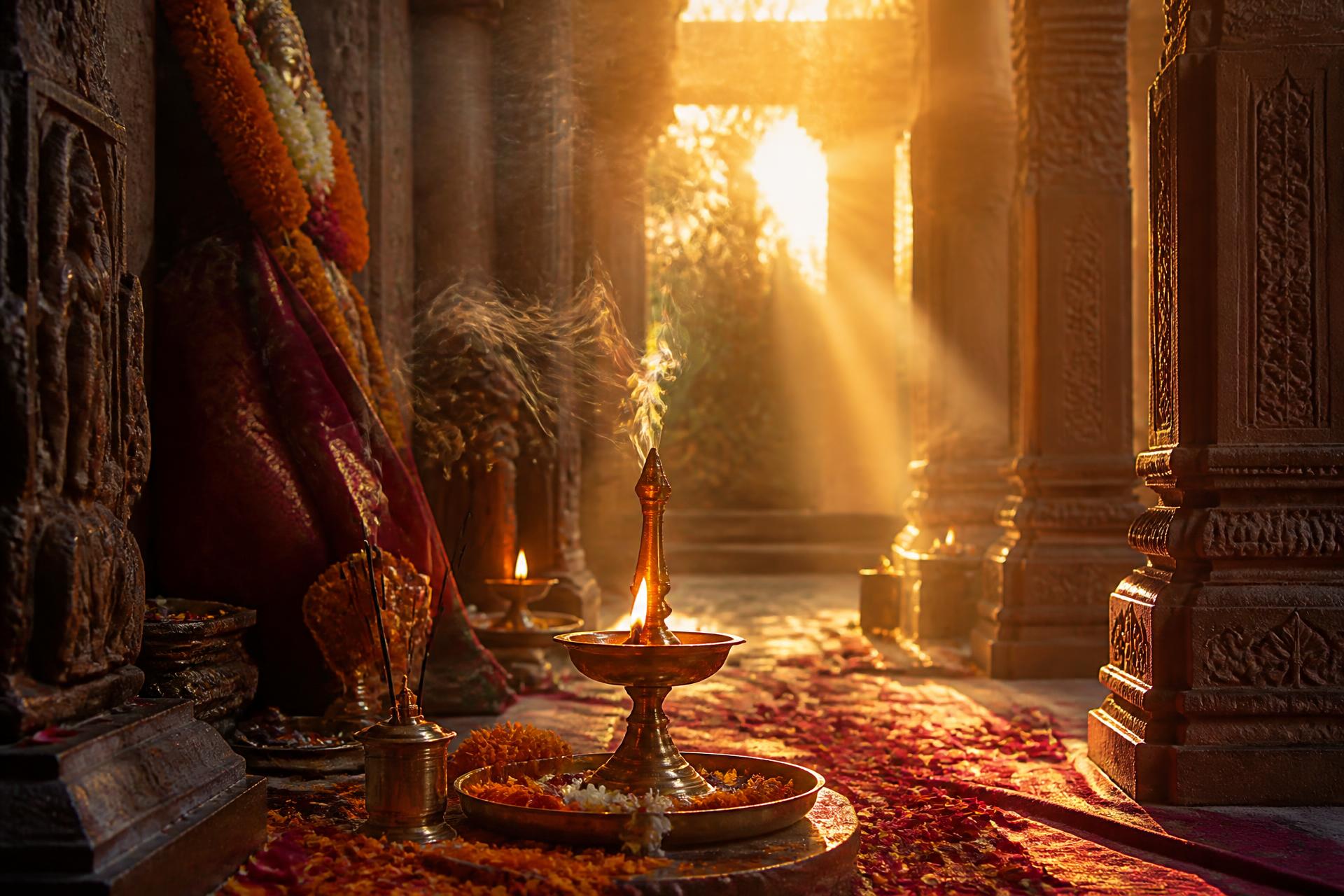 Temple at sunrise with warm rays and a lit diya